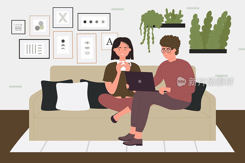 Couple people relax in home living room interior, sitting on couch together at evening
